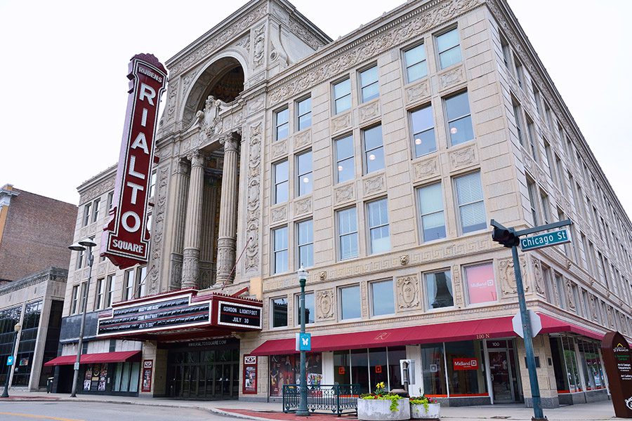 Joliet, IL - Angled View of the Rialto Square Theater on Chicago Street in Joliet, Illinois